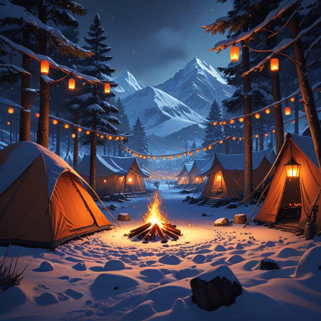 Cinematic Winter Campsite Scene in Anime Style