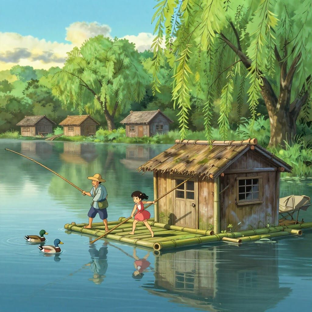 Girl Pushes Bamboo Boathouse on Serene Lake