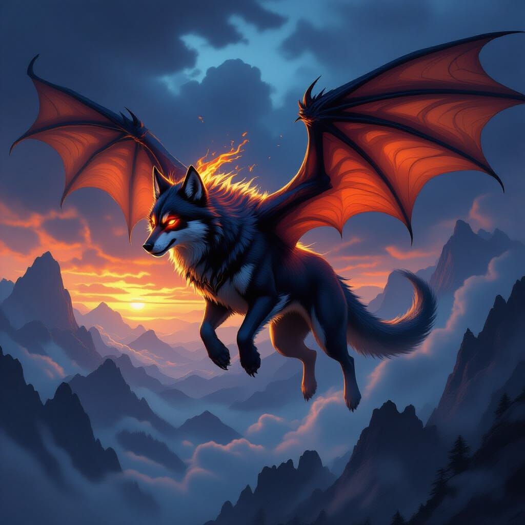 Majestic Dog Dragon Soars Through Stormy Dusk Sky