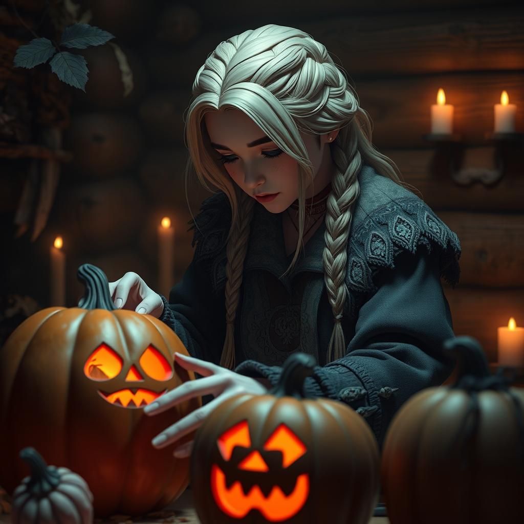 Nordic Woman Carving Jack-o-Lanterns: 3D Anime Art