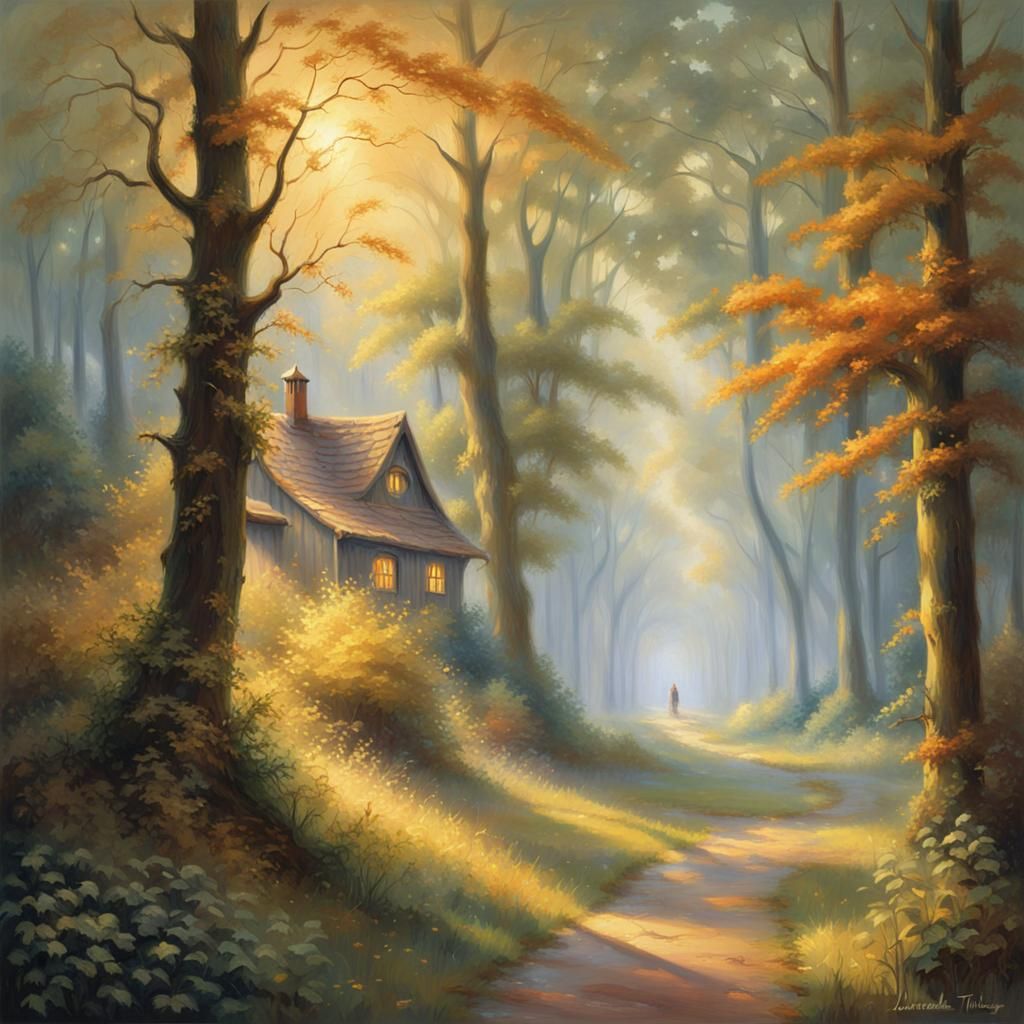 Ethereal Forest Entrance in Golden Light, Oil Painting