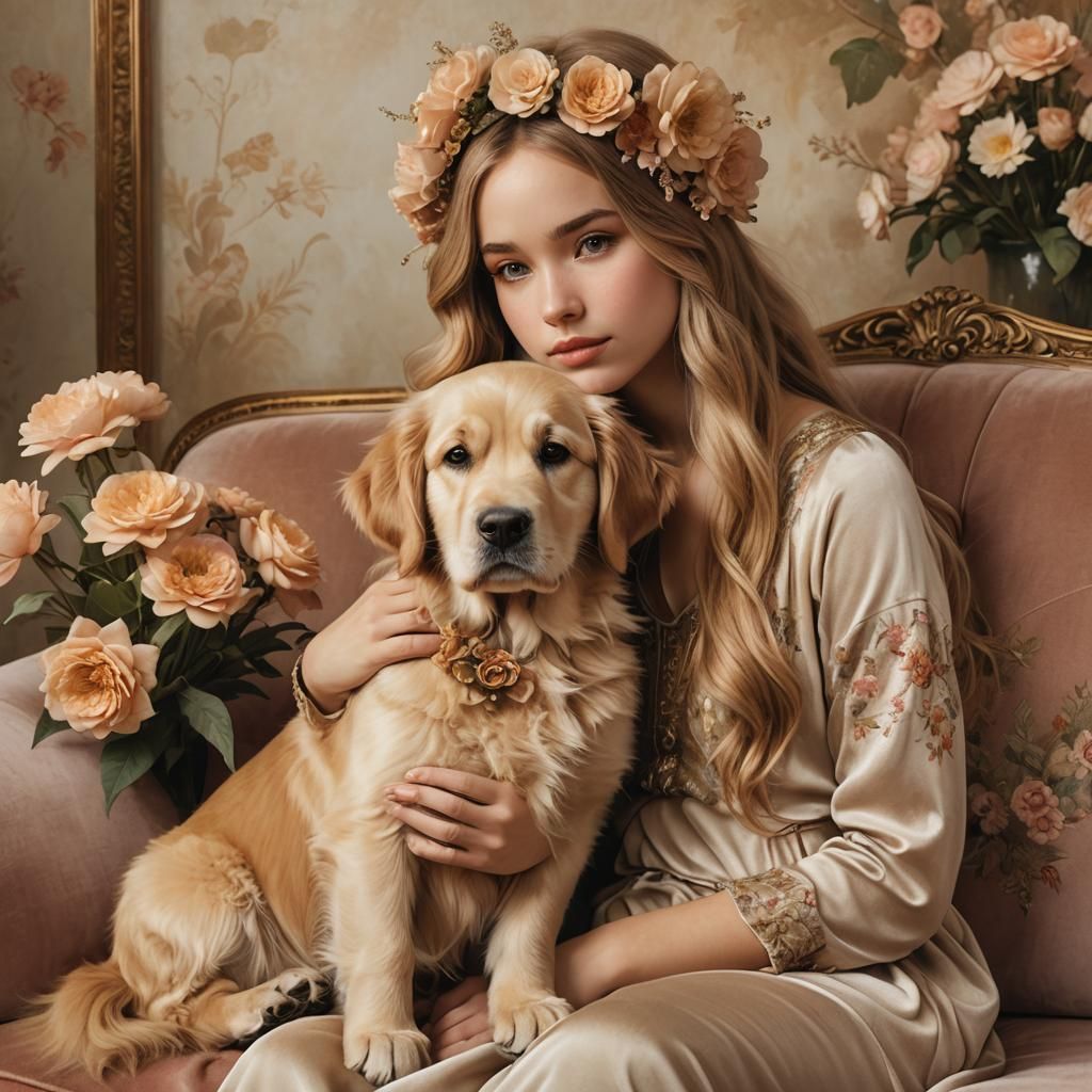 Girl with Puppy in Dreamy Fantasy Illustration