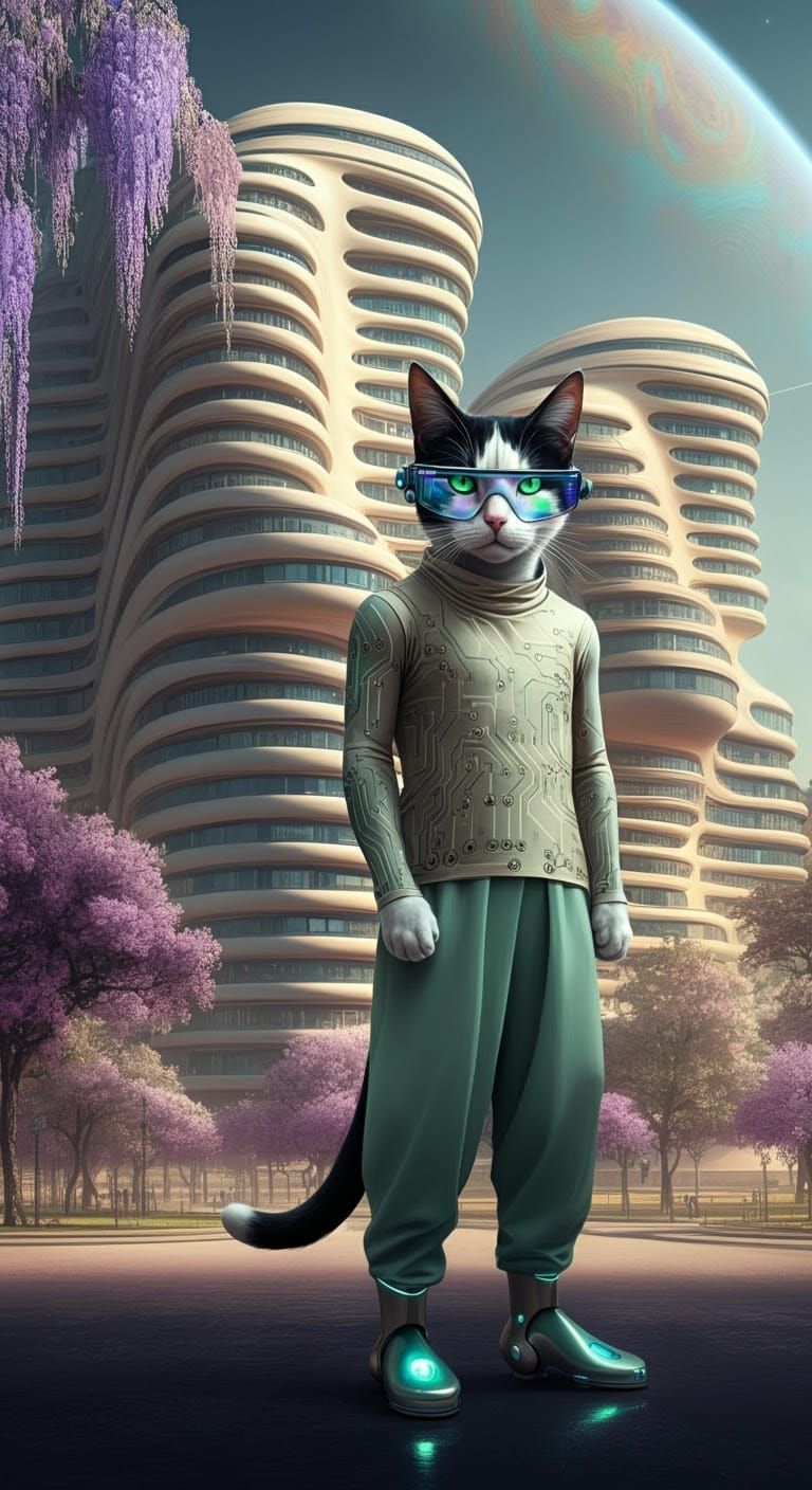 Cyberpunk Cat Stands Proud in Front of Futuristic Apartment ...
