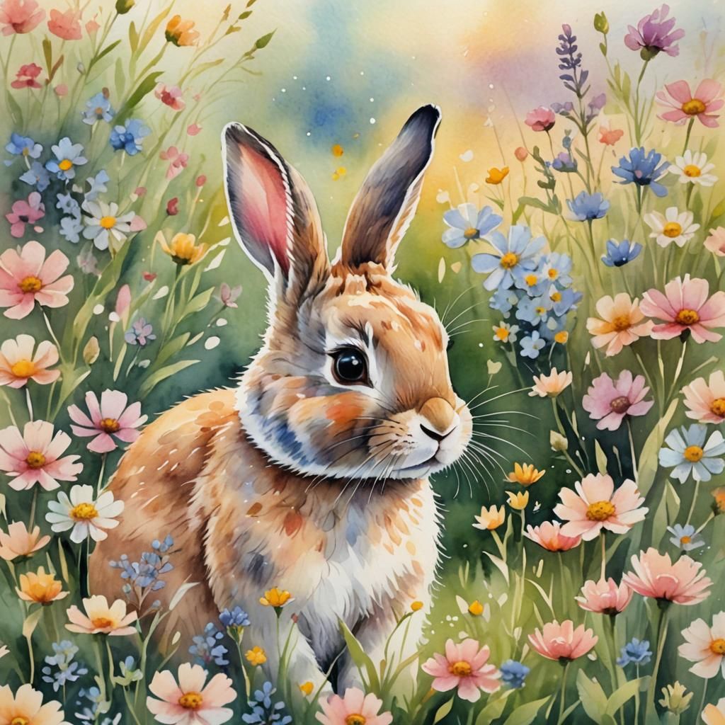 Watercolor Rabbit with Flowers in a Field