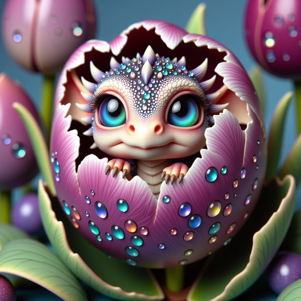Pink Baby Dragon in Tulip, Surreal Digital Art