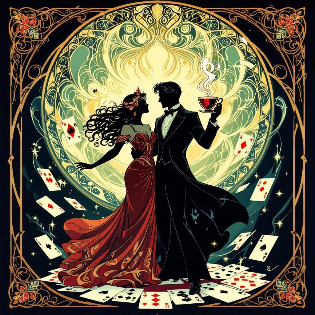 Magic Couple Amidst Collapsing Cards in Art Nouveau Style