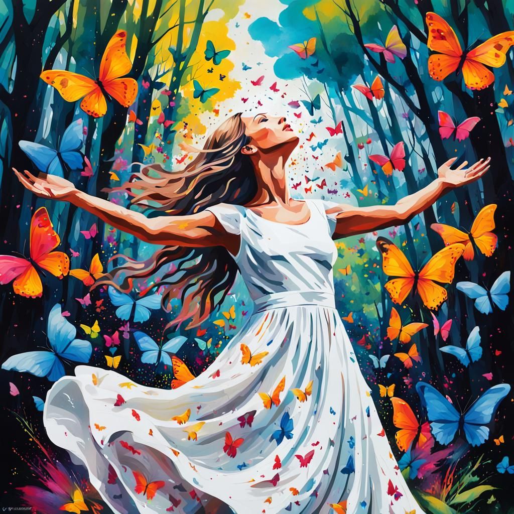 Woman in Forest Surrounded by Butterflies in Splash Art Styl...