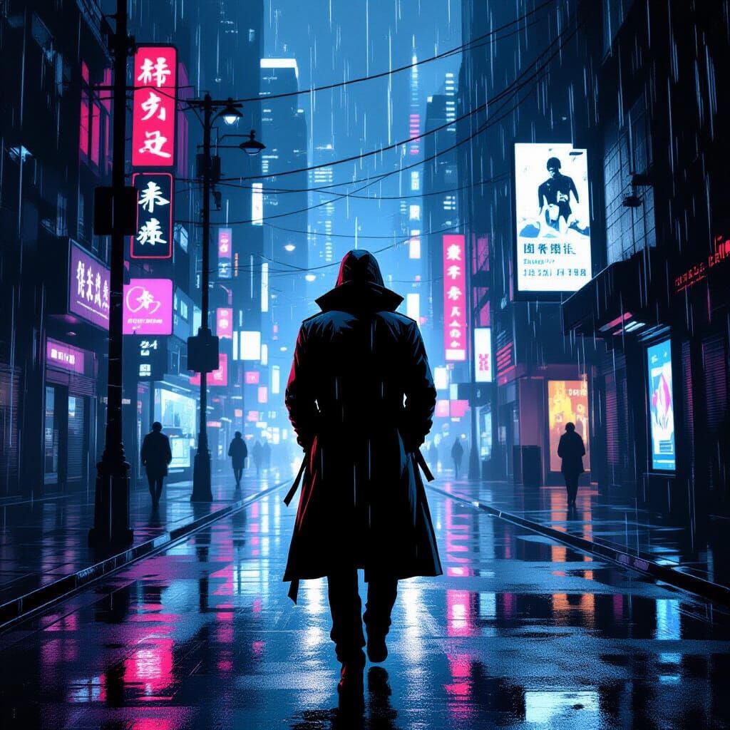Cyberpunk Singer on Neon Street in Comic Book Style