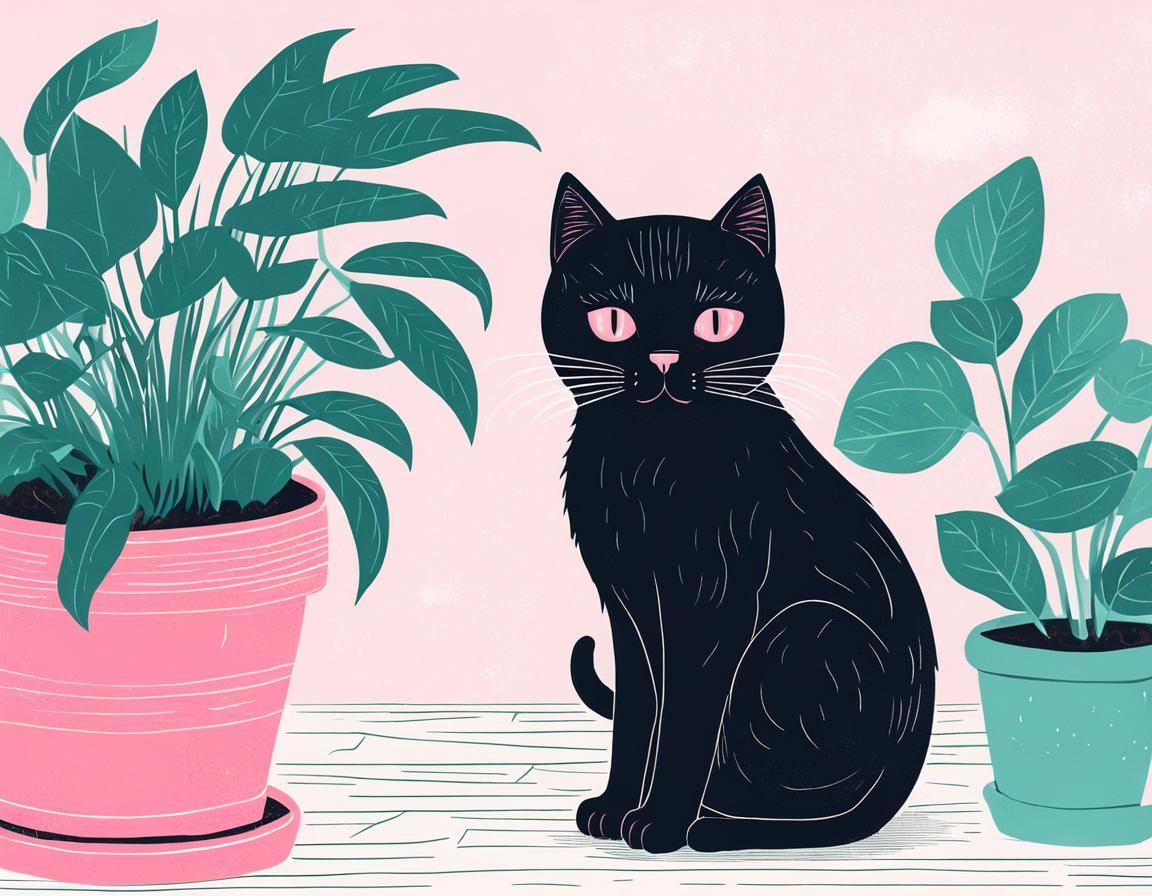 Black Cat Hiding in Houseplant Illustration