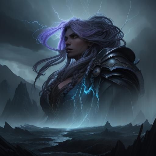 Blue-Skinned Barbarian in Stormy Mountains, Fantasy Art