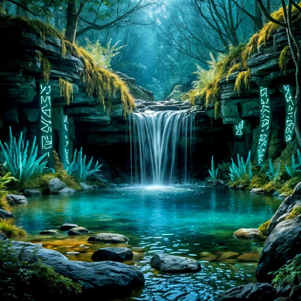 Enchanted Forest Waterfall with Luminescent Flora
