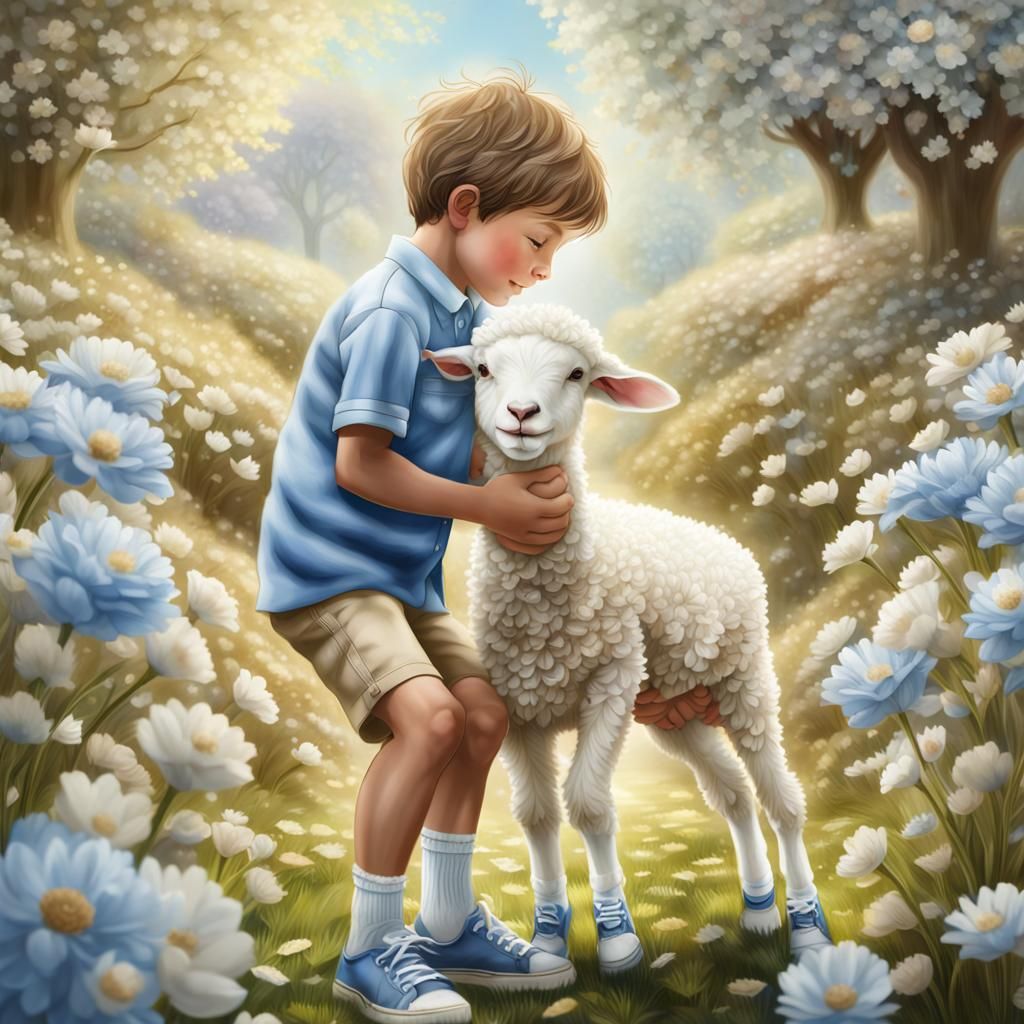 Boy and Lamb Spring Meadow Photograph