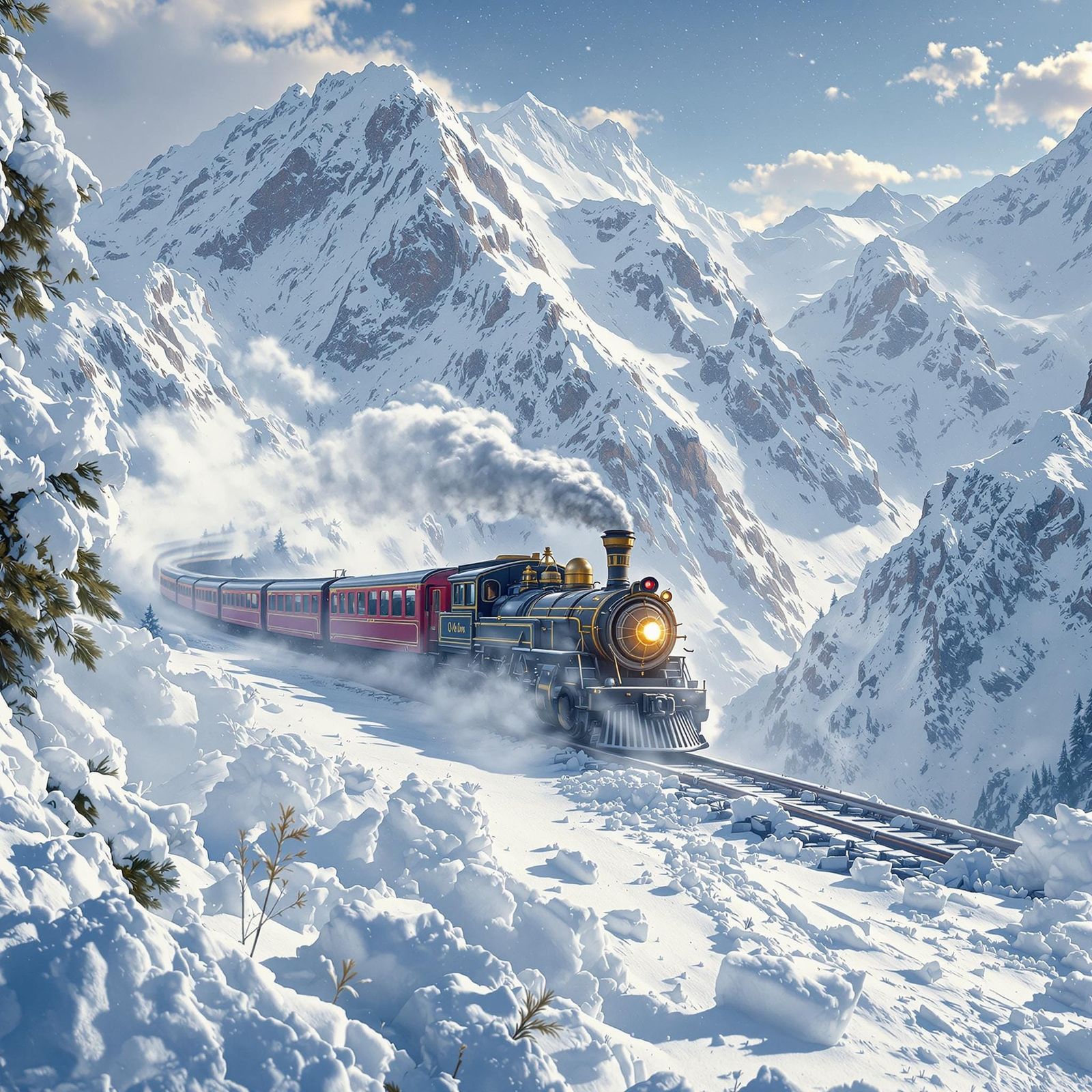 Mountain Train Climbs Snowy Alps in Jugendstil Style