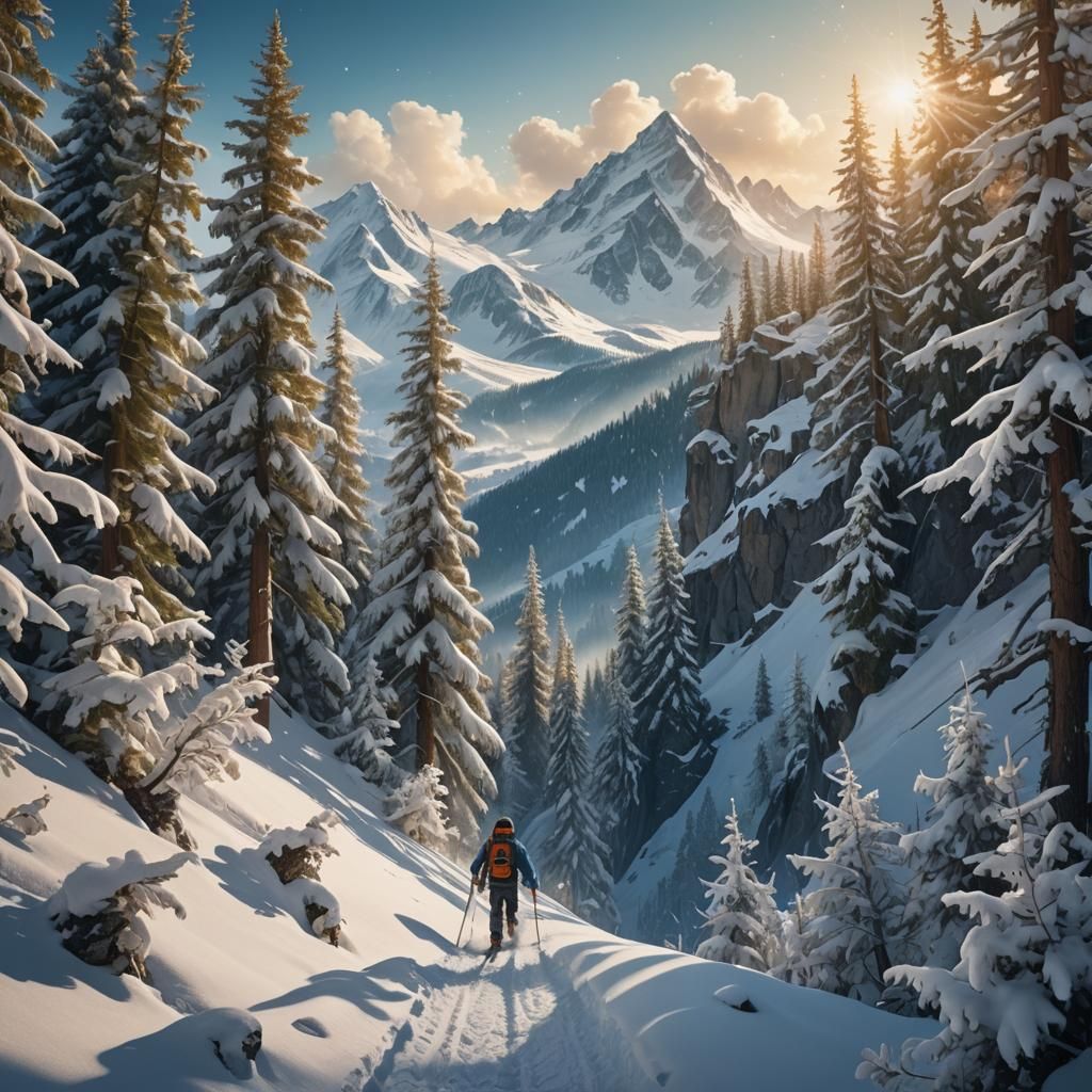 Skier on Snowy Mountain Trail in Fantasy Style