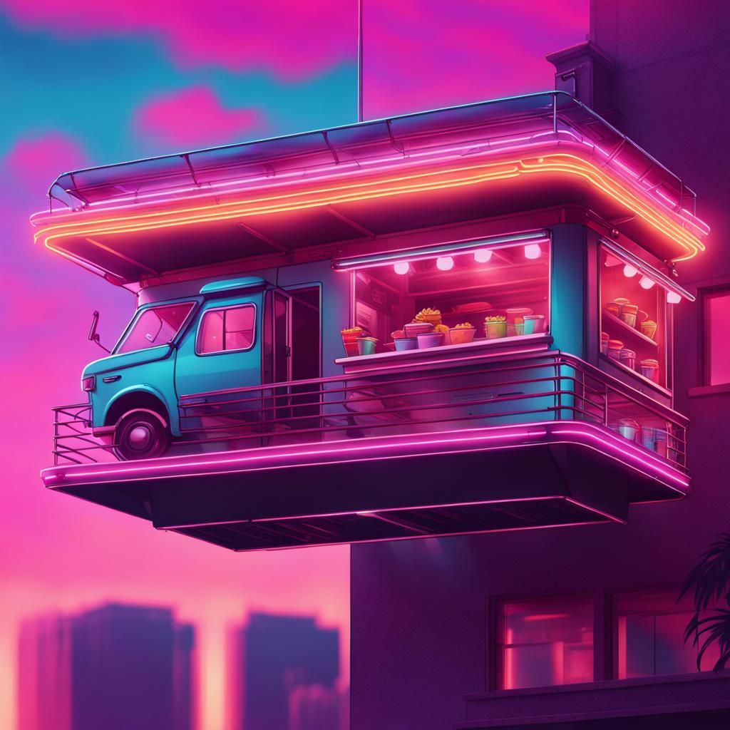 Flying Food Truck with Synthwave Neon Design