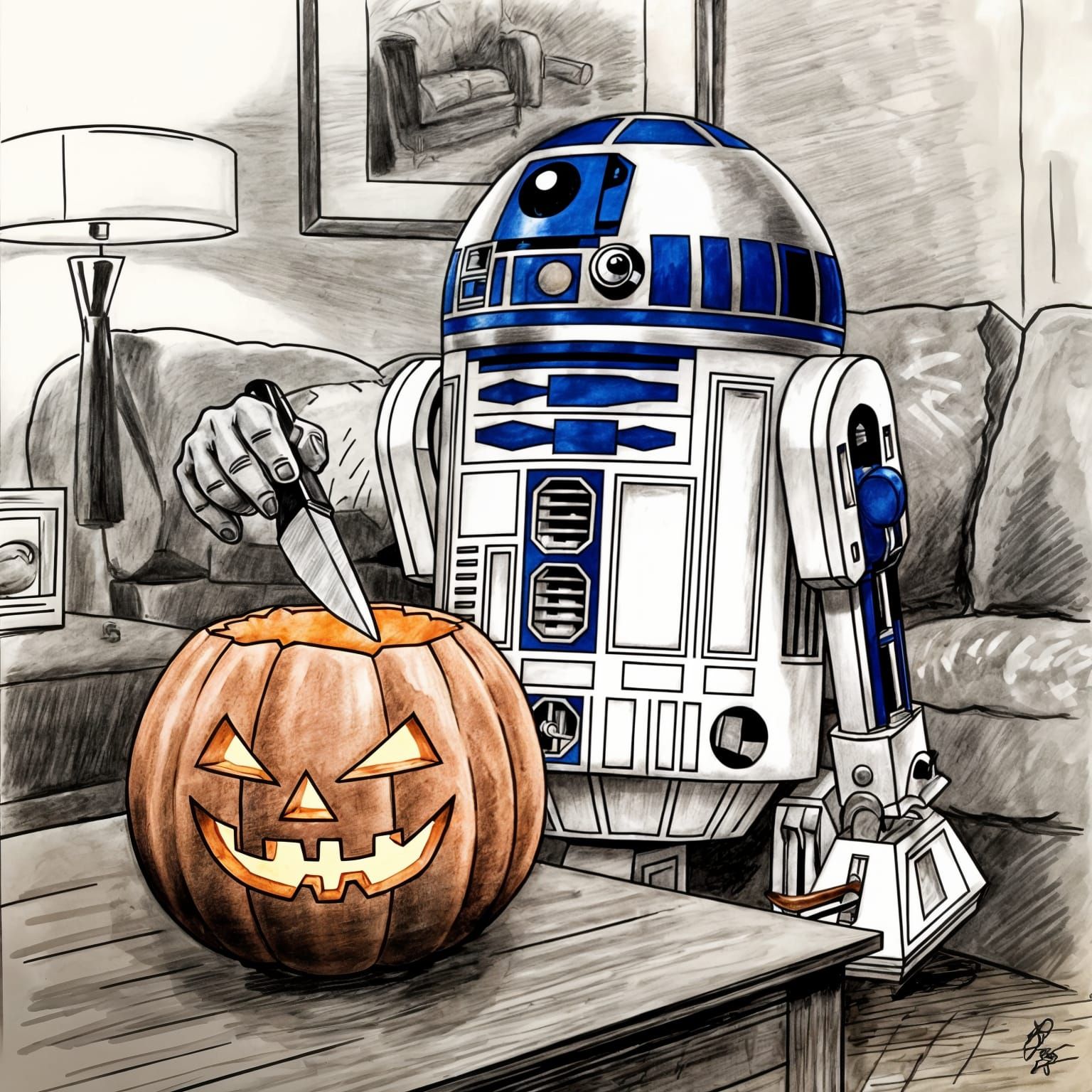 R2-D2 Carving Pumpkin: A Pencil Drawing