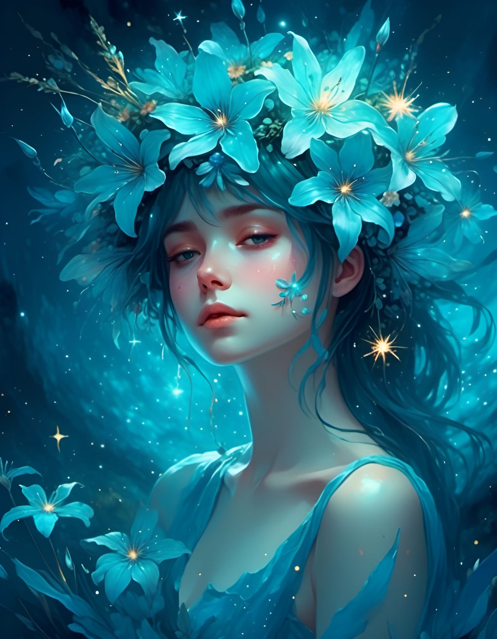 Bioluminescent Flower Fairy in Dark Blue Landscape