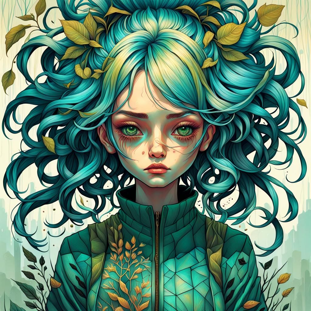 Surreal Girl with Messy Hair Illustration