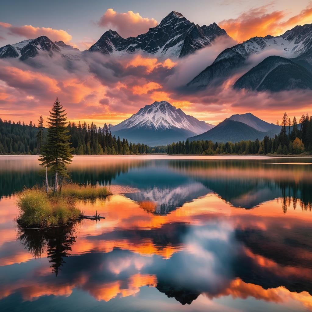 Majestic Mountain Sunset Reflected in Serene Lake