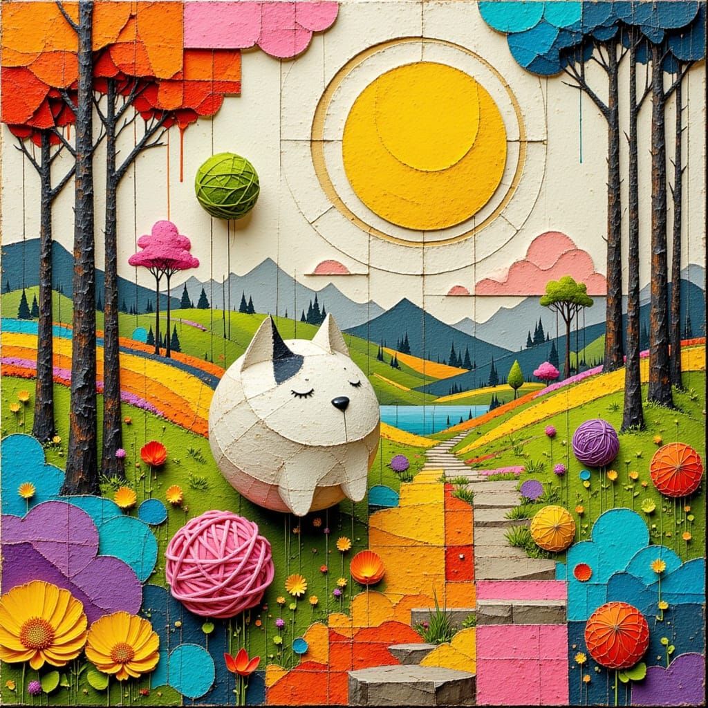 Giant Stitched Cat in Dadaist Patchwork Landscape