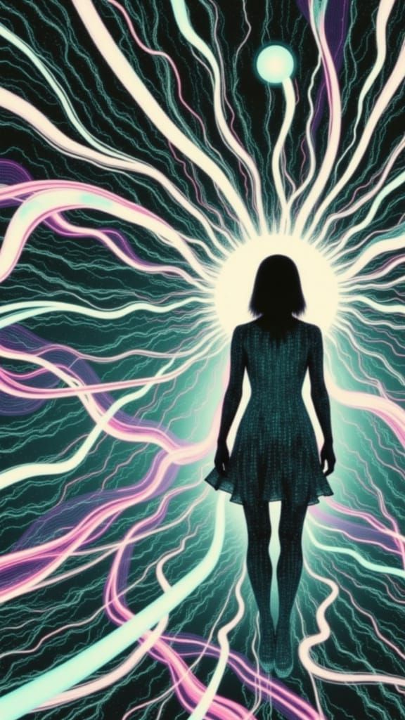 Lone Figure in Digital Labyrinth, Cyberpunk Style