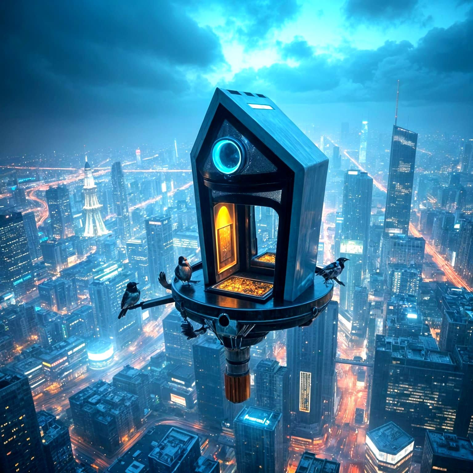 Cyberpunk Birdhouse in Neon Metropolis