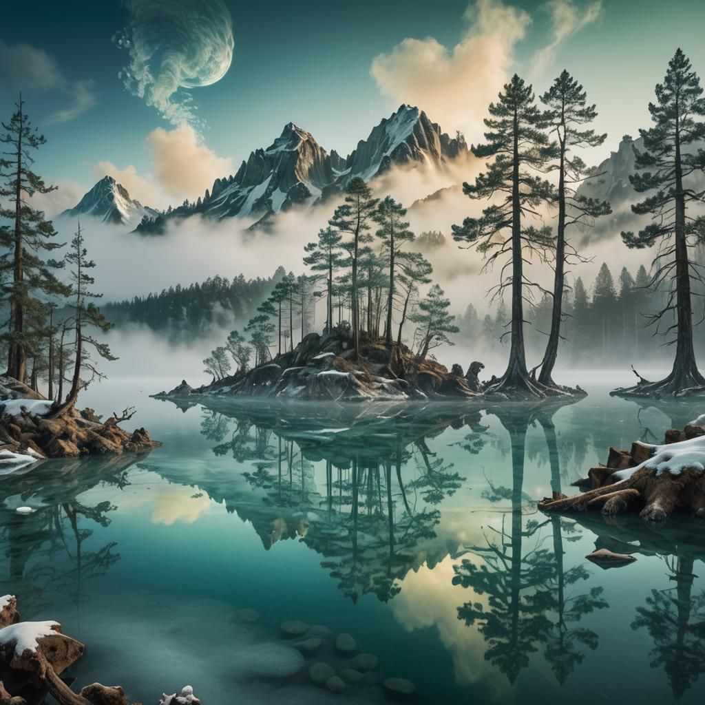 Dreamlike Mountain Lake in Surrealist Style