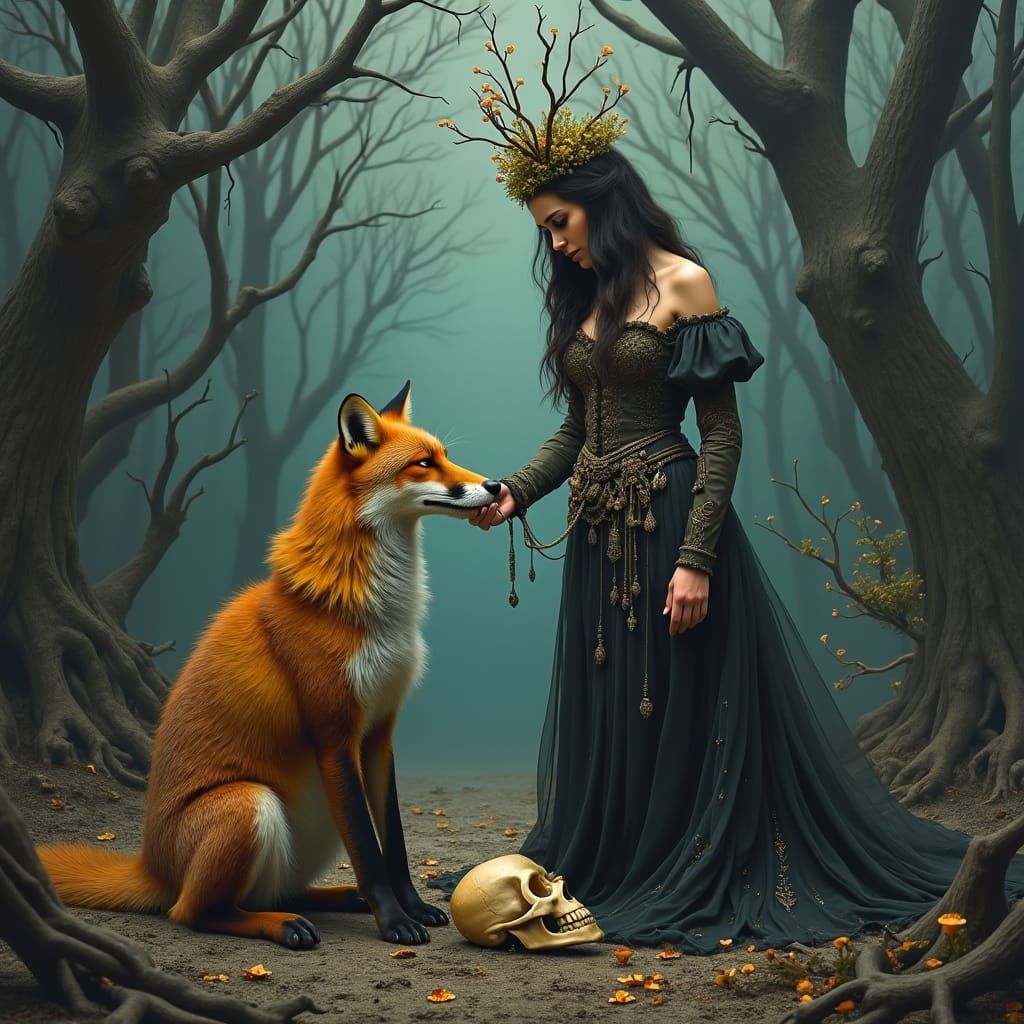 Fox and Goddess in Dead Forest, Dark Fantasy Art