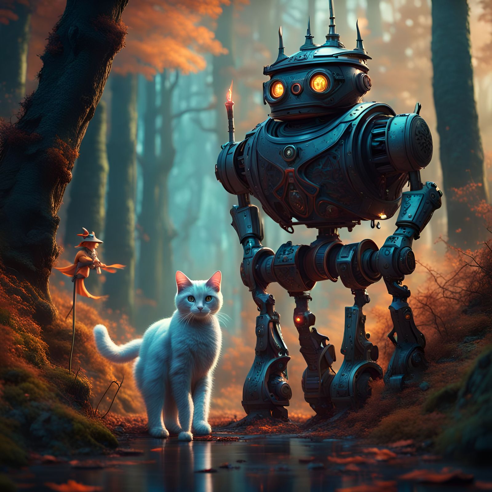 Robot Cat and Witch in Enchanted Forest