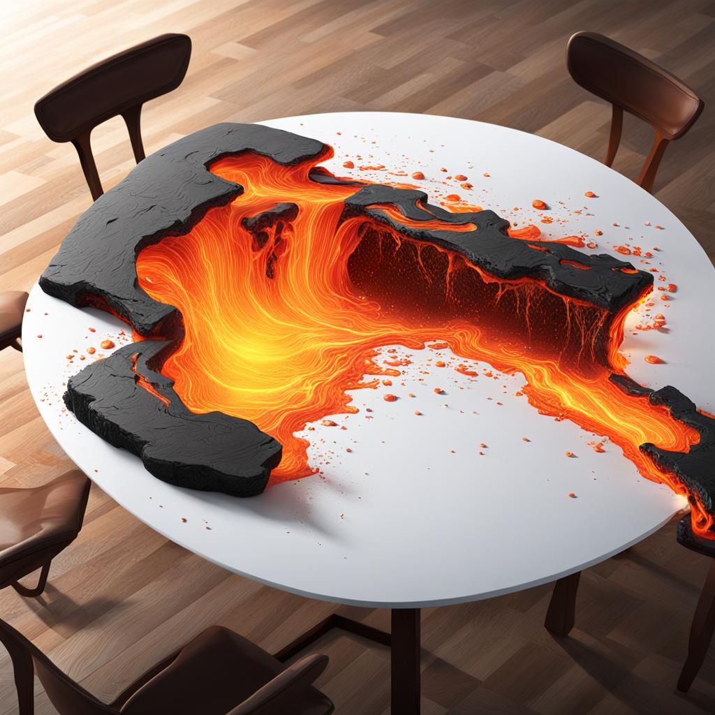 Lava Flowing Underneath Table: Hyperrealistic Concept Art
