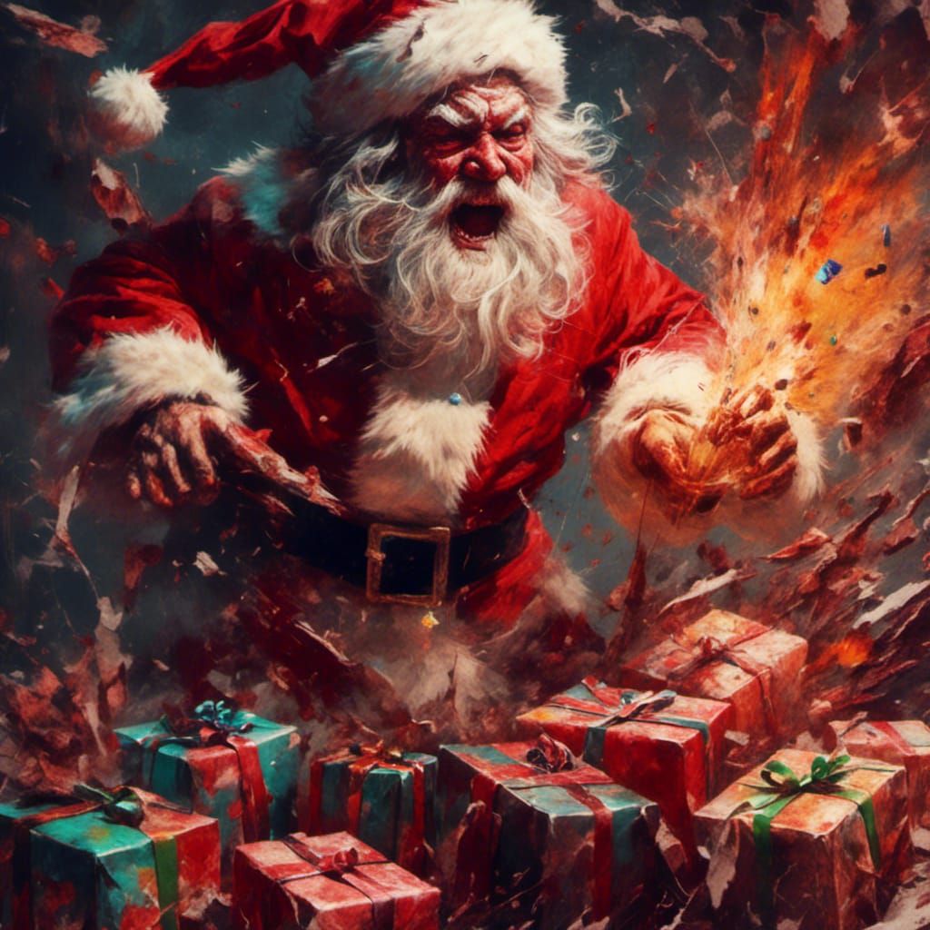 Angry Santa Destroys Presents in Hyperrealistic Splash Art