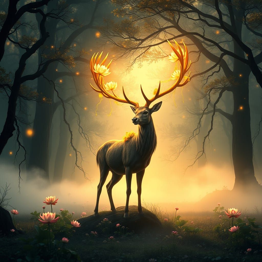 Stag Adorned with Lotus Flowers in Klimt-Inspired Anime Styl...