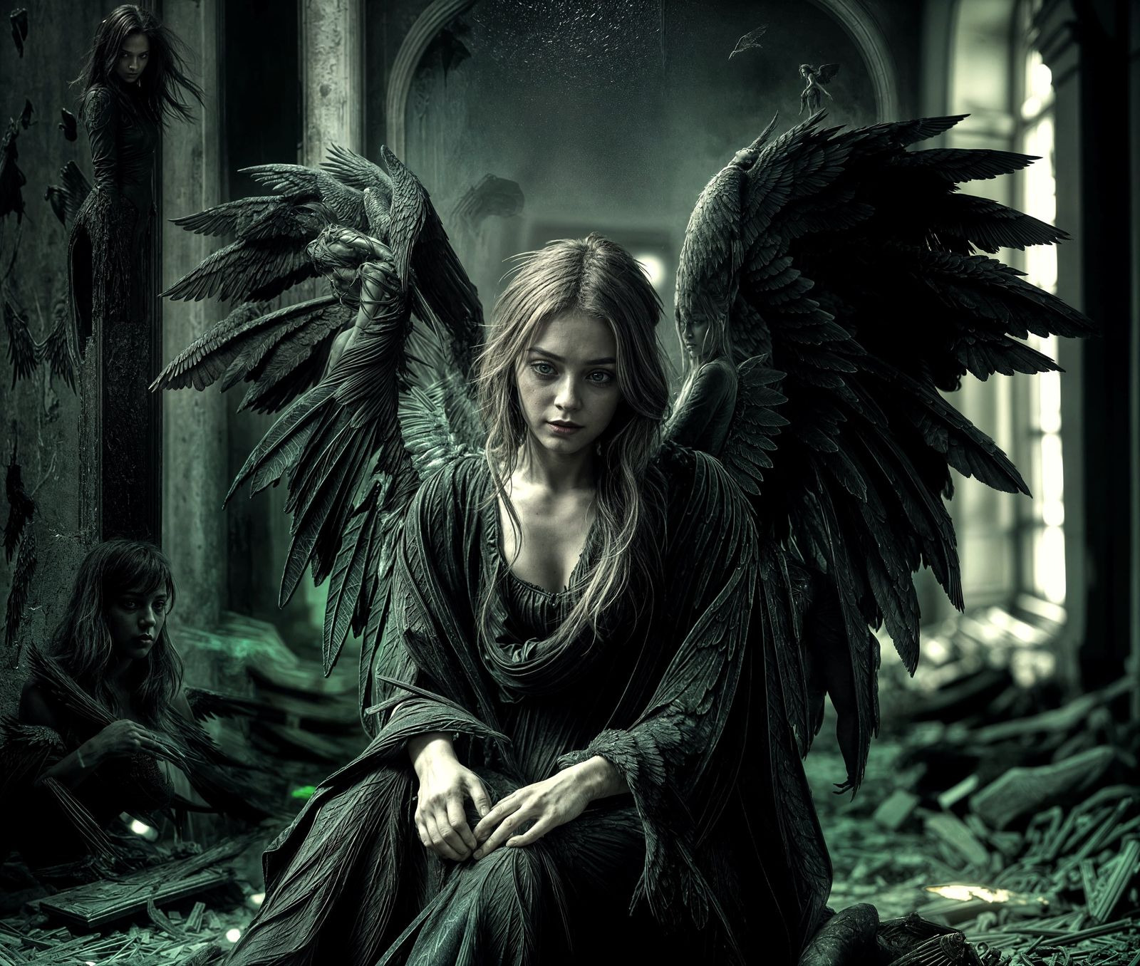 Gothic Angel Sorrow in Abandoned Ruins
