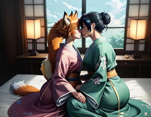 Kitsune Twins Kissing: Manga-Style Digital Art
