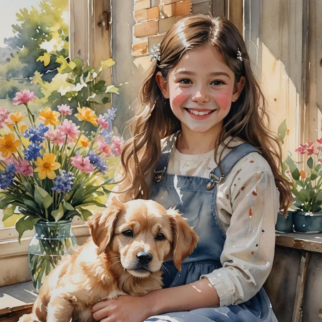 Girl with Puppy in Watercolor Portrait by Window