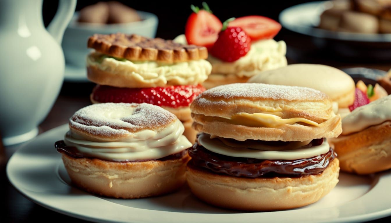 Hyperrealistic Plate of Sandwiches and Cakes