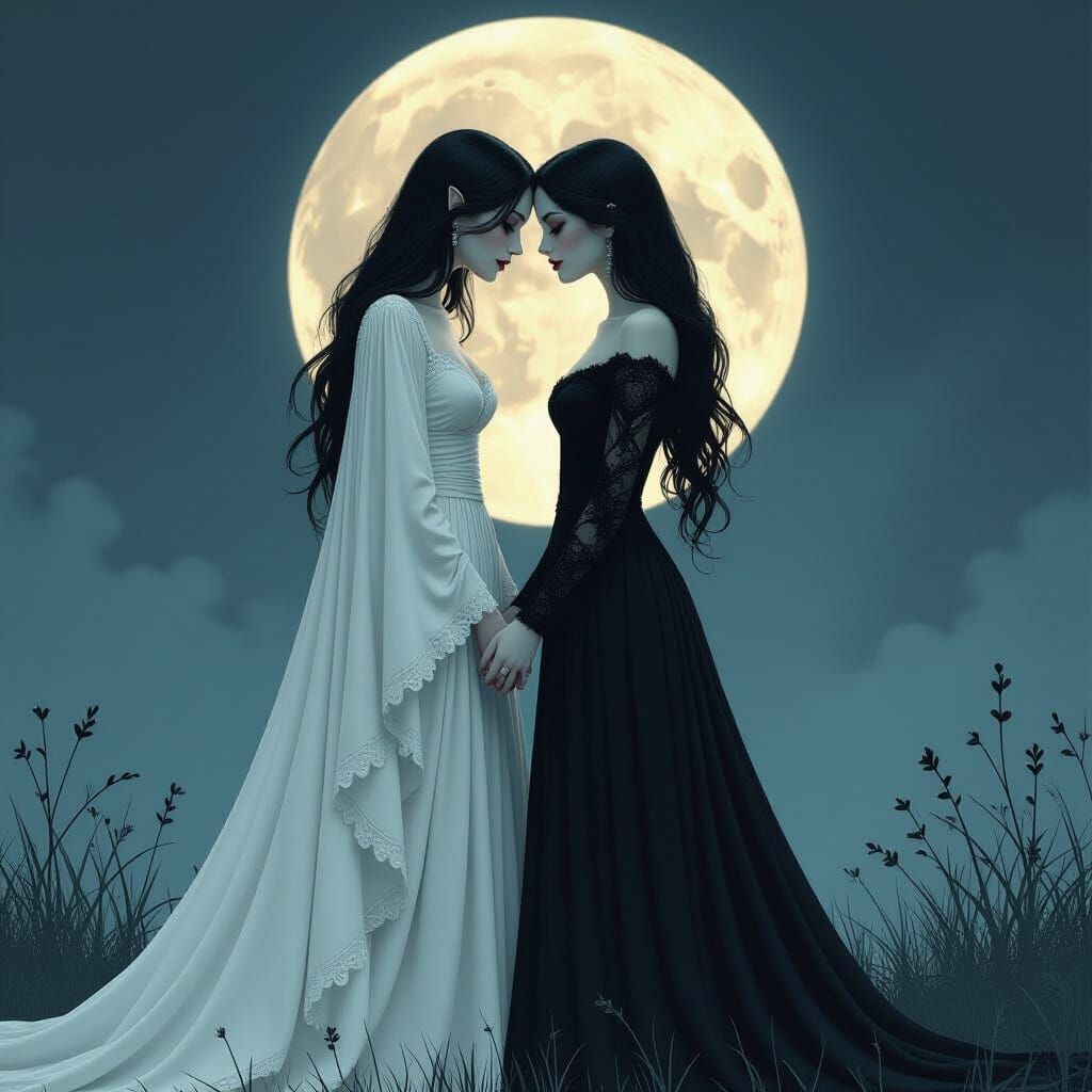 Vampire and Ghost in Moonlit Embrace, Mystical Illustration