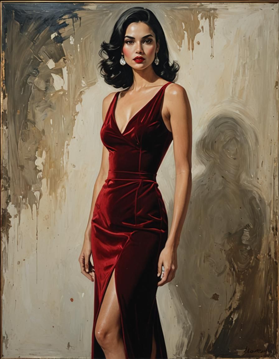 Model in Red Velvet Dress: Oil Painting Portrait