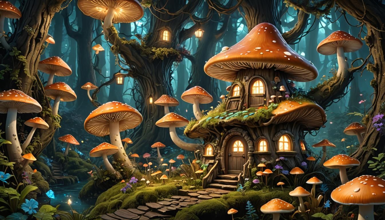 Enchanted Fairy Mushroom House in Bioluminescent Forest
