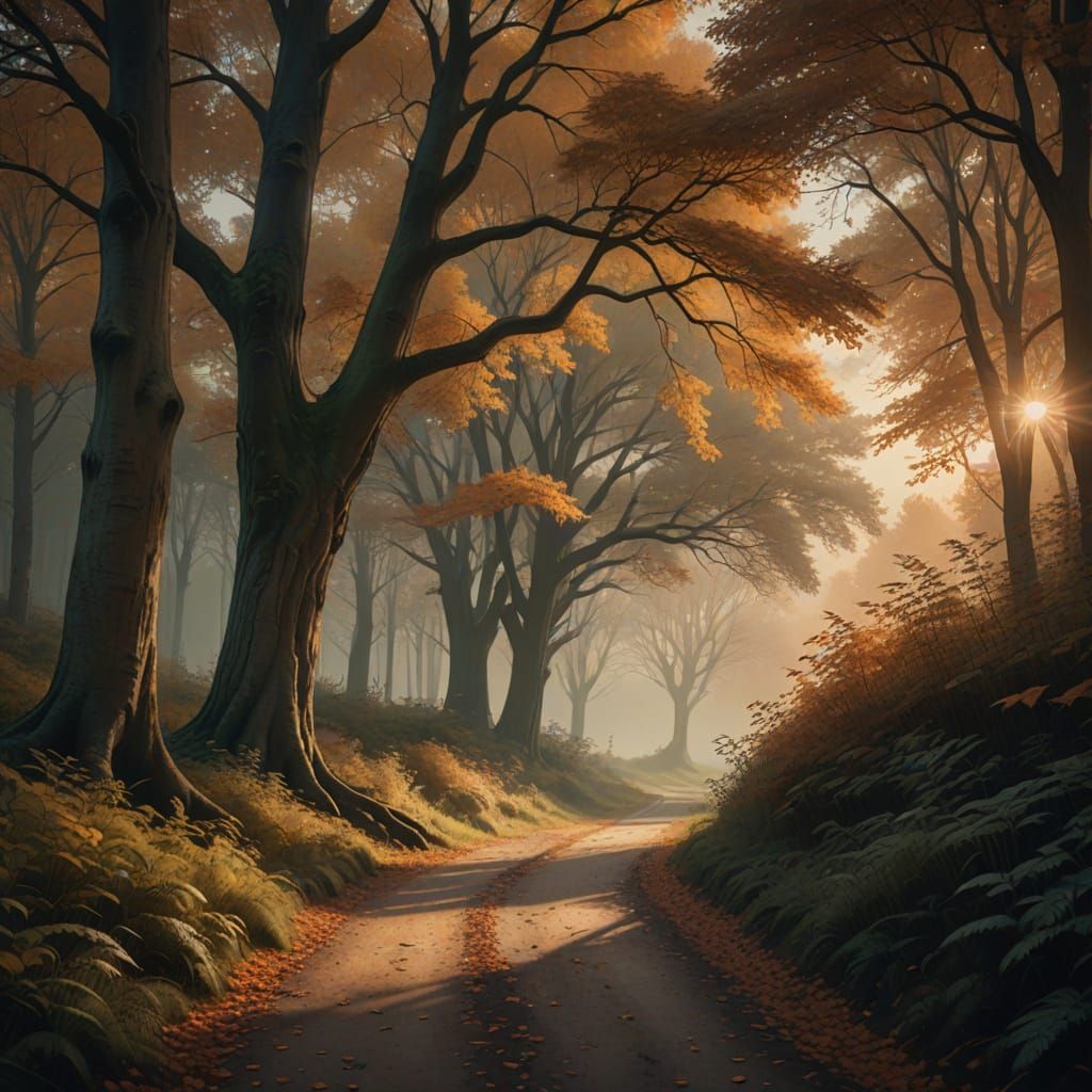 Serene Autumn Forest Path with Majestic Tree