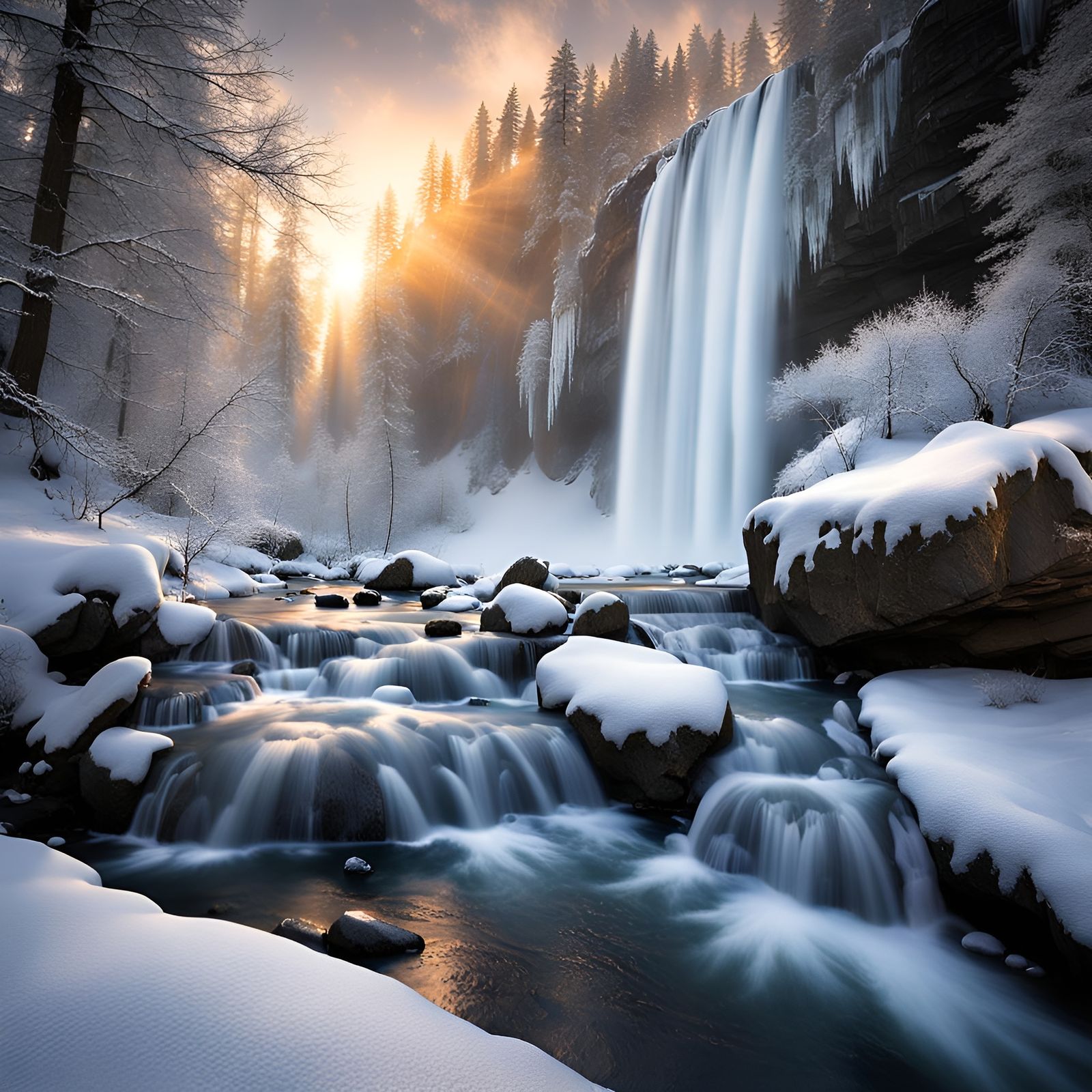 Frozen Waterfall Shimmers in Sunlight Through Ethereal Mist