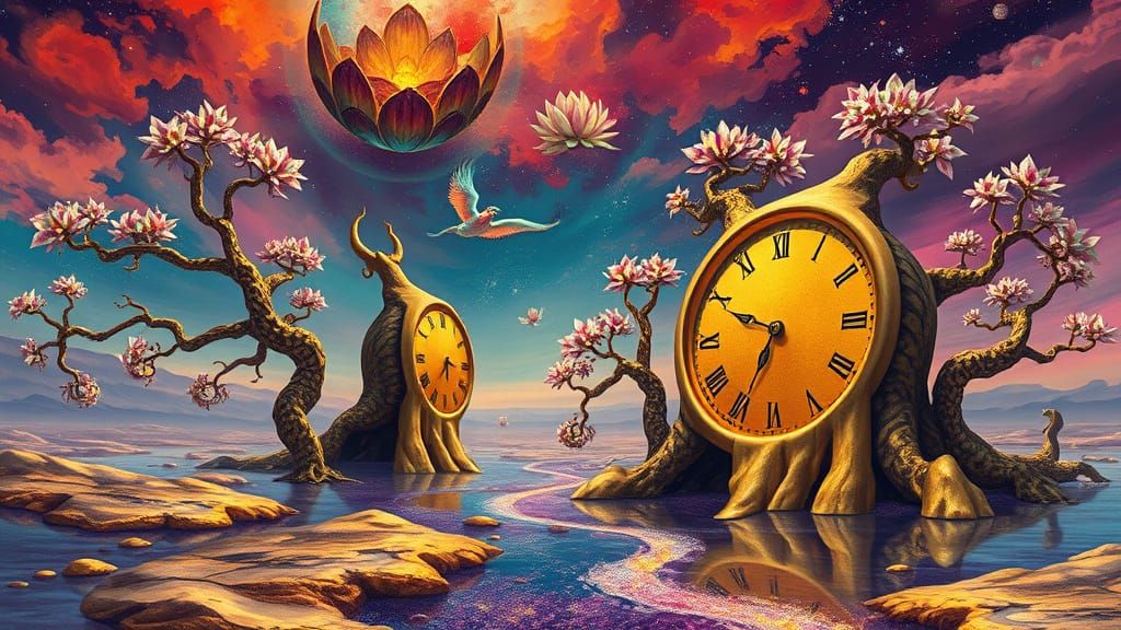 Melting Clocks in a Surreal, Dreamlike Landscape