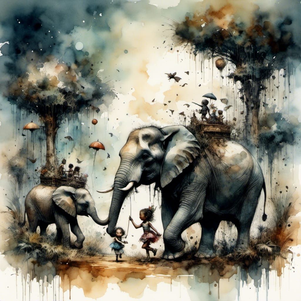 Pixie Elephants Roam African Savanna in Chiaroscuro