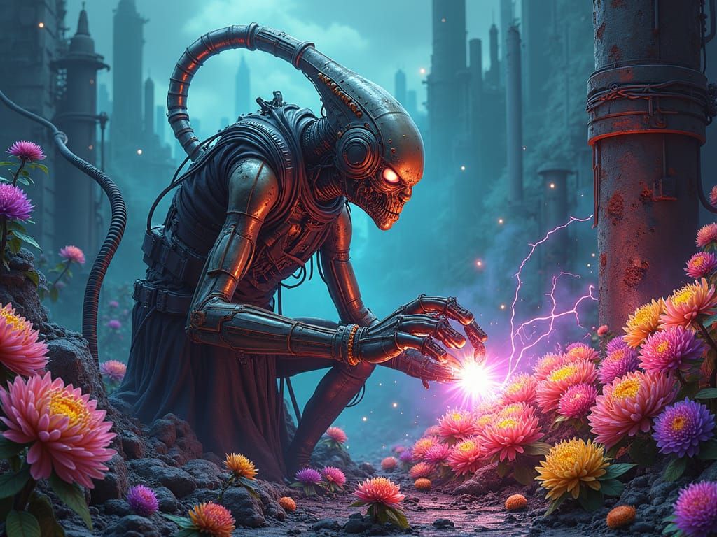 Alien Scientist in Cyberpunk Wasteland: Retro Comic Style