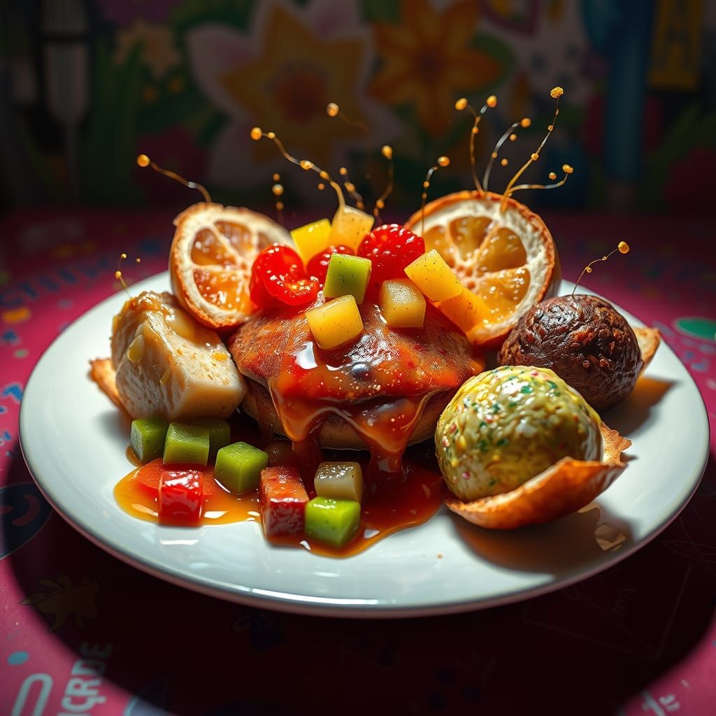 Vibrant Plate of Juicy Food with Intricate Textures
