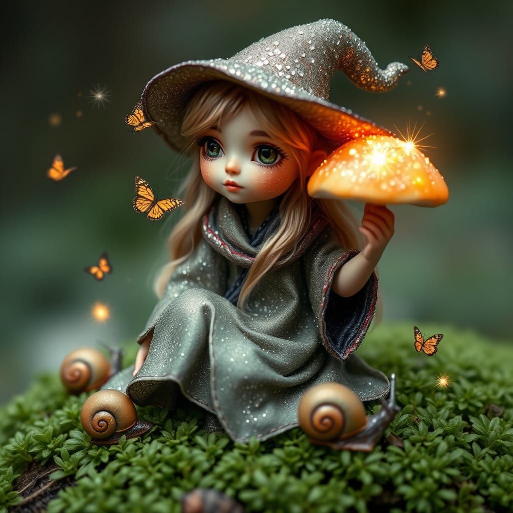 Delicate Forest Witch with Mushroom and Sparkly Friends