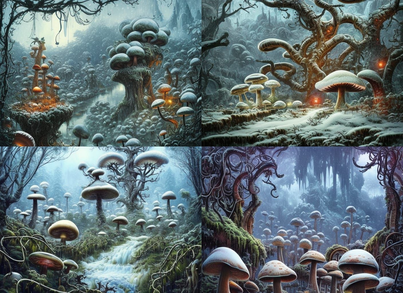 Snowy Mushroom Wonderland in Watercolor Style