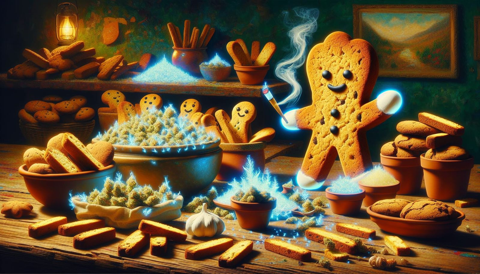 A kitchen table has biscotti cookies all over it mixed in wi...