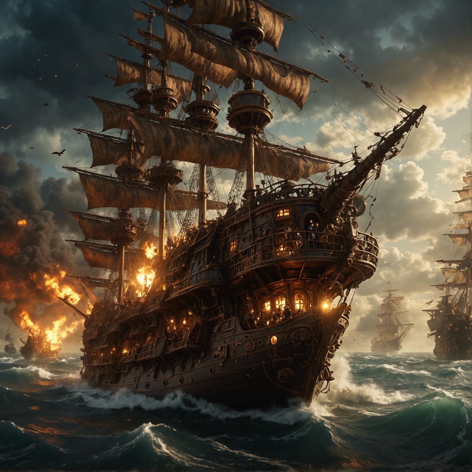Steampunk Pirate Ship Battle in Digital Matte Painting