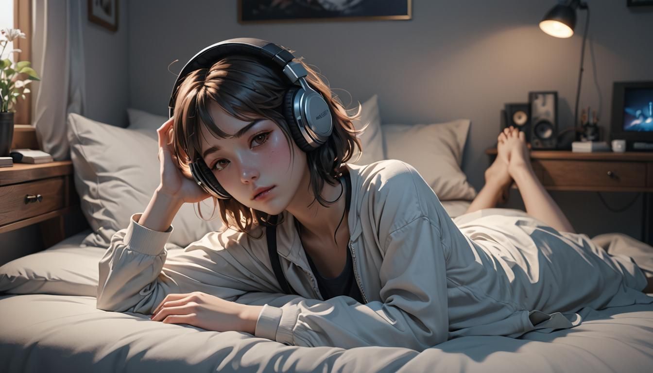 Sorrowful Girl Listening to Music: 3D Anime Art